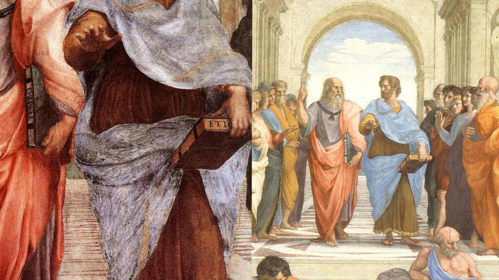 Le Timée et L'Éthique de Platon et Aristote dans L'École d'Athènes de Raphaël 